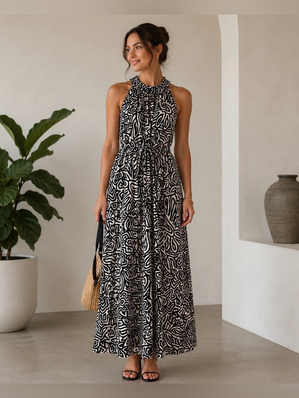 Banana Republic Brown & White Abstract Print Maxi Dress – Size Small
